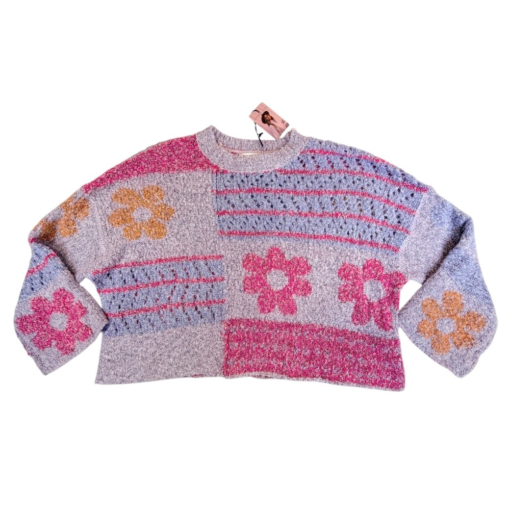 Oversized Cropped Floral Patchwork Sweater XS Purple Pink Knit NWT